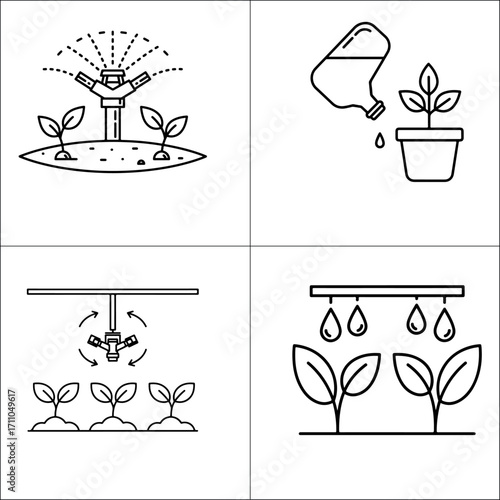 Agricultural irrigation and watering icons for plant growth and farming agriculture plants, soil, equipment, line, keywords:, graphic, farming, design, cultivation, watering, seedlings, icons, 