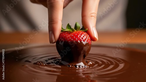 Strawberry dipped in chocolate held above liquid chocolate. Dipped strawberry shows fresh fruit as it is being coated with sweet sauce, dripping and making ripples.