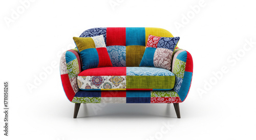 Vibrant and eclectic patchwork sofa with various patterns and colors, offering a bohemian style on an isolated transparent background.