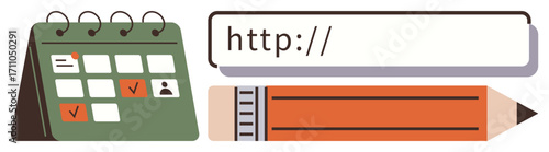 Calendar with marked dates, URL bar, and pencil symbolize online planning, task management, and content strategy. Ideal for organization, productivity, digital planning, creativity education
