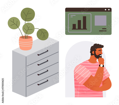 Man in casual attire pondering ideas near a file cabinet and plant, analyzing graphs on a screen. Ideal for business, planning, analytics, decision-making, productivity, reflection, and organization