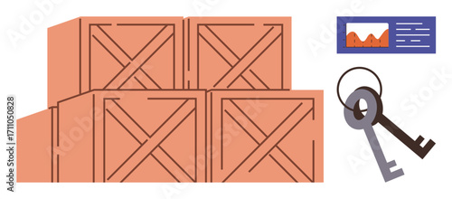 Stacked wooden crates arranged for storage beside a data chart and keys. Ideal for logistics, storage, supply chain, organization, security, inventory, and warehouse operations. Clean flat metaphor