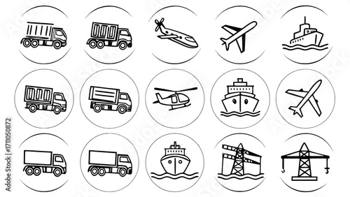 Minimalist black line icons of transportation and logistics vehicles, including trucks, ships, planes, drones, and cranes, arranged in a clean grid on a pure white background.