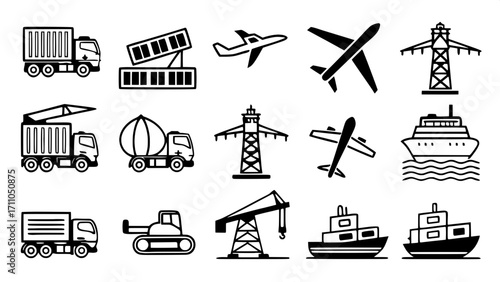 Minimalist black line icons of transportation and logistics vehicles, including trucks, ships, planes, drones, and cranes, arranged in a clean grid on a pure white background.
