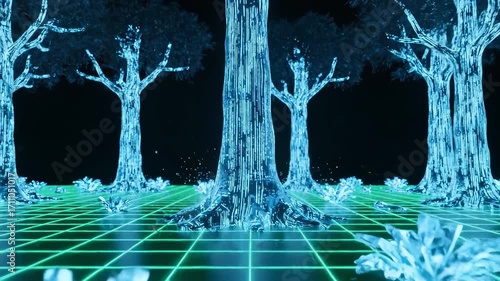 Digital Forest: A futuristic visualization of a forest with glowing, geometric trees set against a grid-patterned ground, offering a unique and abstract perspective on nature and technology.