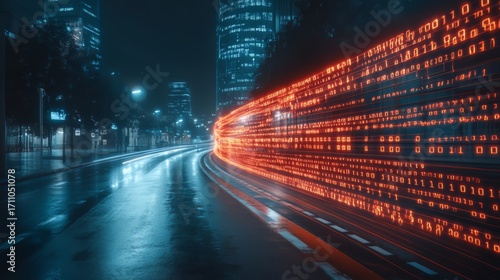 Fototapeta Naklejka Na Ścianę i Meble -  City street with a bright orange line of code on the road. The code is glowing and he is moving. The scene is set at night, with the city lights in the background