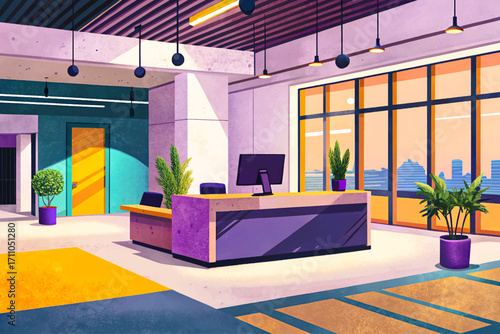 modern office lobby vector interior featuring concrete walls and flooring, with a sleek reception desk and computers, perfect for architectural projects, workplace concepts, creative artwork