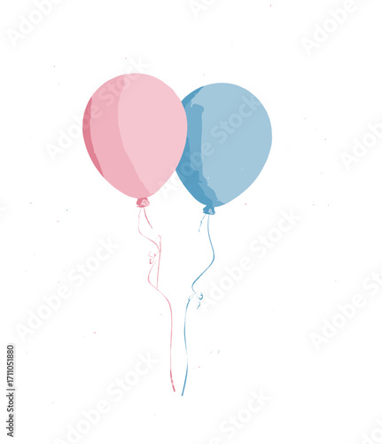 Pastel vintage illustration of balloons for gender reveal party, soft pink and blue colors
