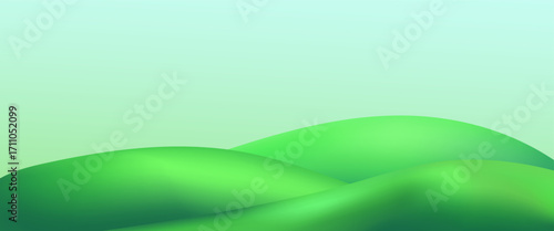 Playful 3D environment with lush green hills, mountain silhouettes, and detailed grass textures evoking an eco-park atmosphere.