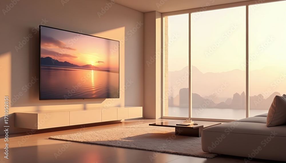 Fototapeta premium Modern living room with large TV on wall. Beige couch, coffee table in front of window with scenic view. Flat screen TV displays serene sunset over water. Minimalist interior design with rug, wooden
