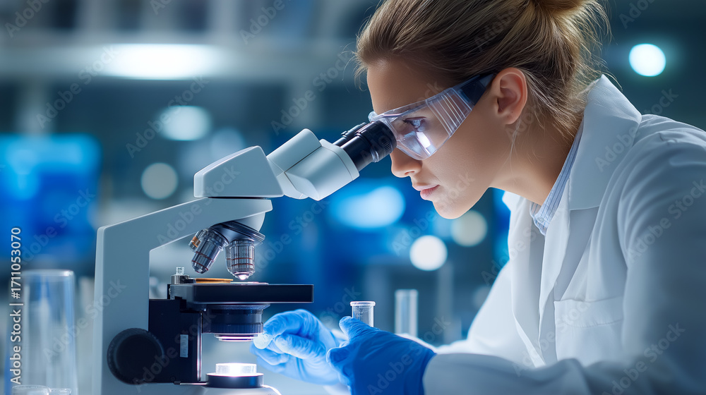 Fototapeta premium Female laboratory technician in white coat using microscope with test tube in modern lab