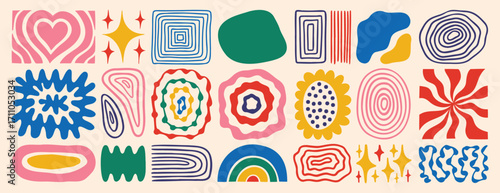 modern abstract retro vintage shapes set. Colorful hand drawn collection geometric organic elements doodle collection. 60s 70s design aesthetics