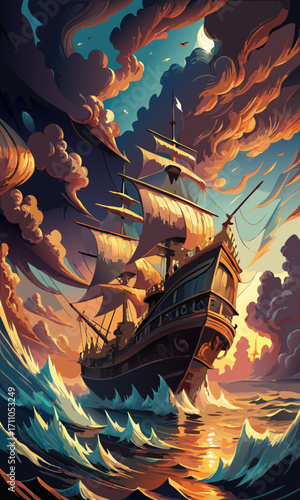 majestic wooden ship in the sea