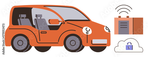 Orange car with wireless key transmitter and cloud lock icon, highlighting smart vehicle technology. Ideal for automotive innovation, connectivity, security, IoT, mobility, convenience, simple flat