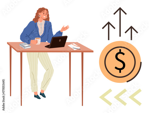 Woman standing at desk with laptop, coffee, dollar coin, and upward arrows. Ideal for finance, business growth, leadership, workplace success, innovation motivation achievement simple flat