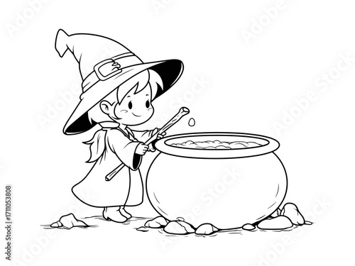 Cute cartoon coloring page illustration of a little witch cooking potion in a cauldron, funny magical scene, simple black outline, white background
