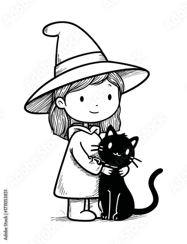 Cartoon coloring page illustration of a cute little witch holding a black kitten, fun Halloween theme