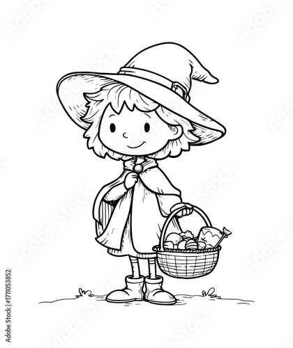 Cartoon coloring page illustration of a cute little witch holding a basket of candy, smiling, fun Halloween scene