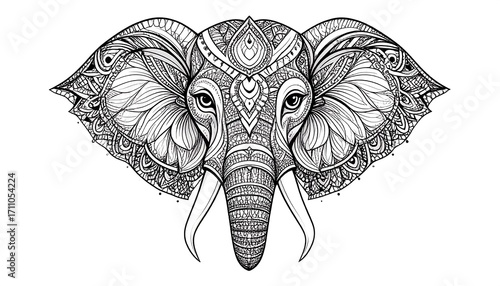 Intricate, ornate design of an elephant's head, detailed with intricate floral and paisley patterns.