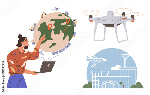 Woman using laptop pointing at globe with locations, quadcopter, and airport infrastructure. Ideal for logistics, global connectivity, innovation, transportation, delivery network, supply chain simple