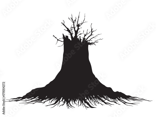Distinctive tree stump roots silhouette vector illustration in solid black