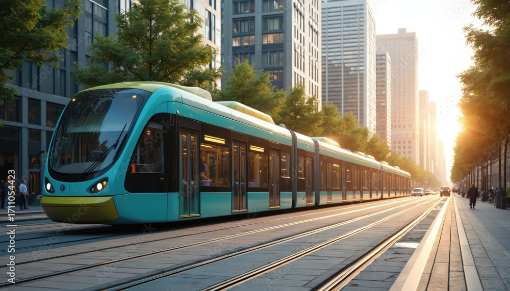 Naklejka premium Modern tram travels on city street past highrise buildings and green trees. Commuters ride public transport for eco friendly travel. Sun sets casting golden light.
