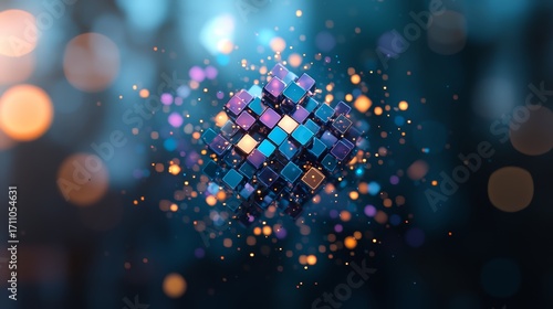 Colorful cube with a blurry background. The cube is made up of many small squares, and the background is a mix of orange and blue. The image has a dreamy, surreal feel to it