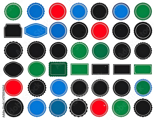 A collection of various shapes and colors of decorative empty labels.