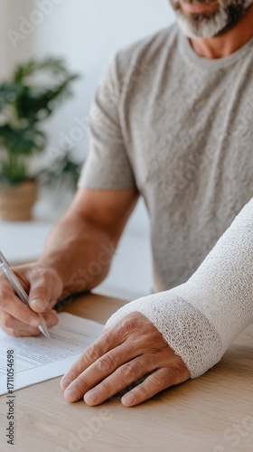 Man with broken arm filling out document for insurance claim. Medical insurance application for accident and injury.