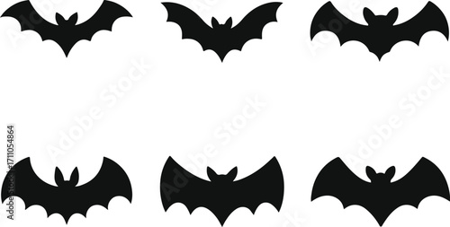 Set of 6 Black Halloween Bat Silhouette Icons on White Background – Vector Illustration for Spooky Holiday Designs, Party Decor, and Seasonal Graphics