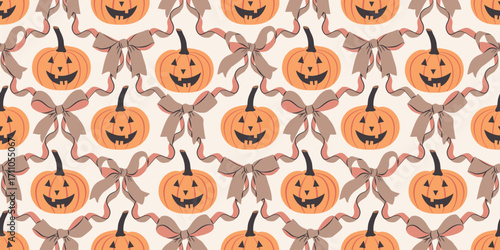 Halloween seamless pattern. Vector illustration of Halloween party. Cute pumpkins and bows on light background. Holiday cartoon Illustration