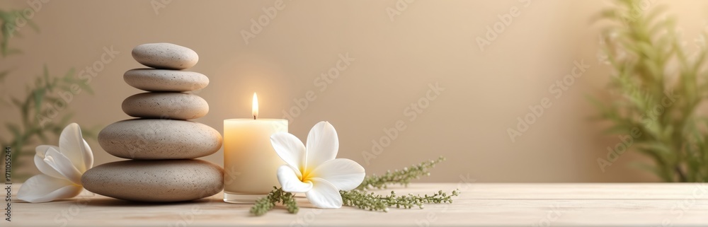 Obraz premium Stack of smooth grey stones balances next to lit candle and white plumeria flower. Soft plant leaves add serenity to spa scene. Gentle lighting creates peaceful ambiance.