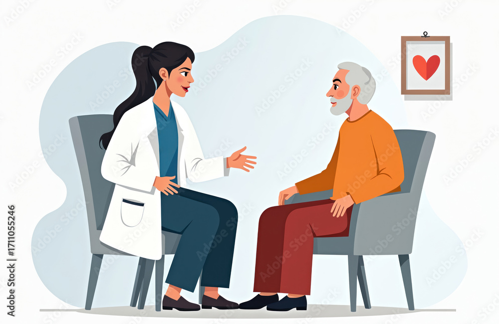 Fototapeta premium Doctor talks to elderly patient in clinic office. Woman in lab coat sits in chair opposite senior man. Medical checkup, healthcare consultation, patient care, doctor-patient relationship, senior