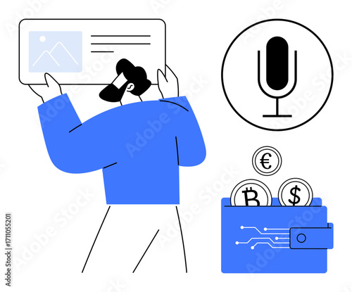 Man holding content card, bank wallet with Bitcoin, Dollar, Euro icons, and large microphone symbol. Ideal for fintech, cryptocurrency, payment systems, tech education podcasts creative service