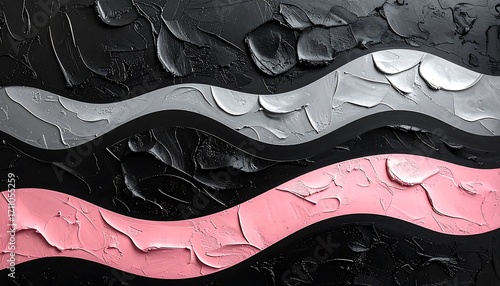 Abstract design featuring textured waves of black, gray, and pink colors.
