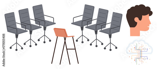 Single orange chair stands out among gray office chairs, accompanied by a face profile and circuit-thumbs up brain. Ideal for leadership, innovation, decision-making, creativity, uniqueness