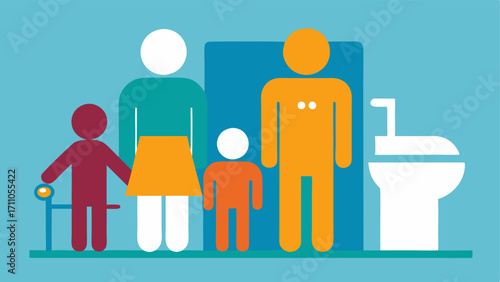 Family Accessible Restroom An illustration of a familyfriendly accessible restroom featuring both adult and childsized amenities indicating inclusivity for all users.