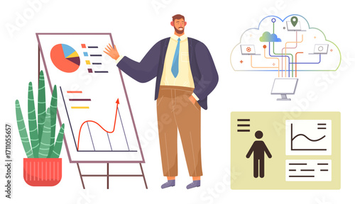Man in formal attire presenting graphs and analytics on a board, cloud computing with data connections, and digital profiles. Ideal for business strategy, analytics, technology, teamwork, innovation