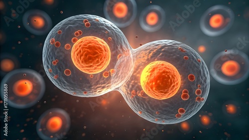 Microscopic 3D Rendering of Human Cell Division and Mitosis in Biology