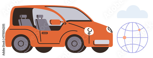 Red-orange compact car beside a globe with connectivity points and a soft cloud. Ideal for automation, transportation, technology, innovation, connectivity, smart city, and mobility solutions. A