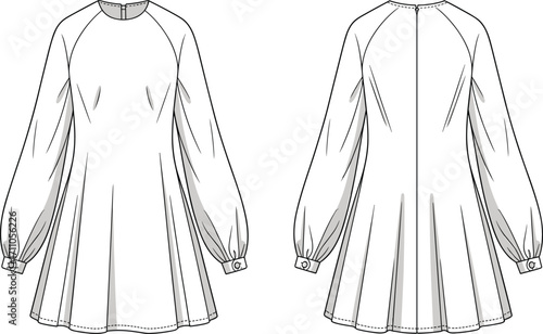 Technical fashion sketch, dress front and back view, raglan sleeve, A-line silhouette, garment design, vector illustration, apparel template, couture