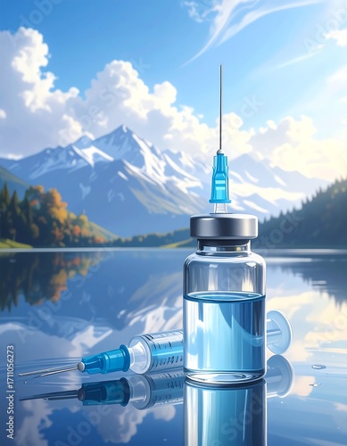 A tranquil scene depicting a vial of medicine and syringe against a backdrop of mountains and a serene lake.