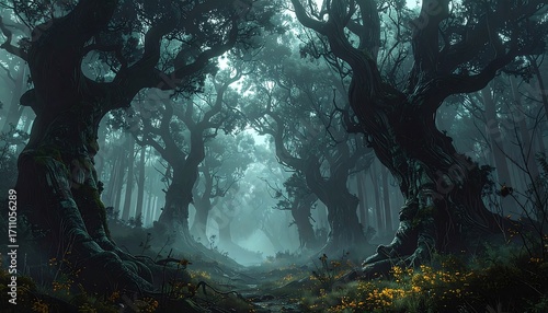 A mystical, ancient forest path shrouded in a misty, deep teal twilight, with gnarled, moss-covered trees reaching toward the hazy sky.