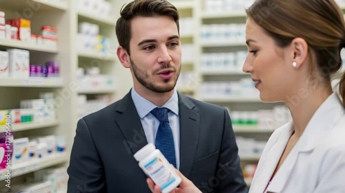 Smiling professional man talks to female pharmacist discussing medication in pharmacy