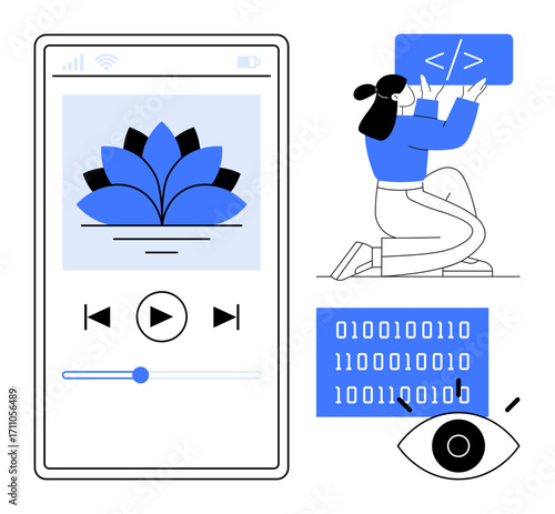 Mobile app screen with meditation graphic, play controls, woman writing code, binary code, and eye icon. Ideal for meditation, coding, apps, mindfulness technology creativity and simple landing