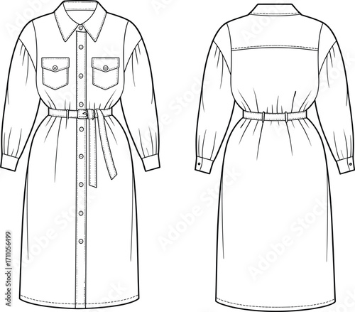 Women’s shirt dress fashion flat sketch template, front and back view, belted waist design, long sleeve casual outfit clothing illustration