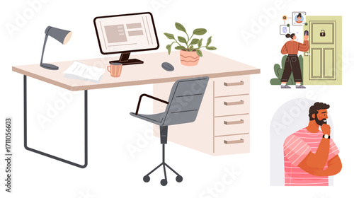 Desk setup with a computer, lamp, plant, cup, and papers. Person locking a door and another reflecting with hand on chin. Ideal for security, productivity, decision-making mindfulness workplace