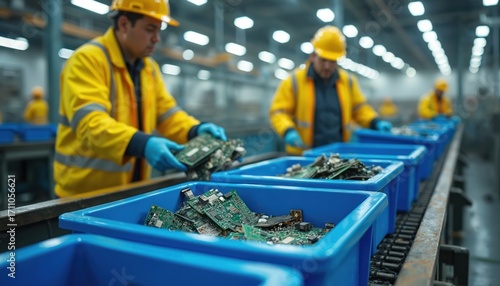 Workers in yellow vests, hard hats sort electronic components on conveyor belt in recycling plant. Blue bins hold circuit boards, computer parts for material recovery. Shows process for handling