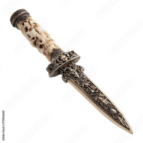 Ornate dagger with intricate handle design showcasing gothic elements, isolated on transparent cutout background