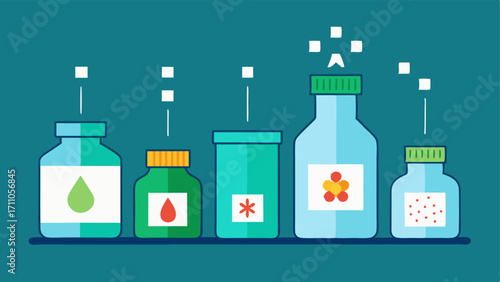 Bottles with Ingredients Small bottles labeled with various ingredients like peptides hyaluronic acid next to an exosome jar illustrating the synergistic effect.